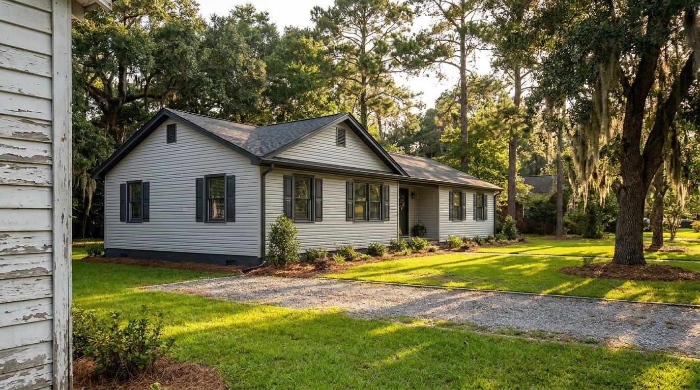 New vinyl siding installation on a residential home in Sumter South Carolina Sumter County humidity storm season Shaw AFB pre-sale