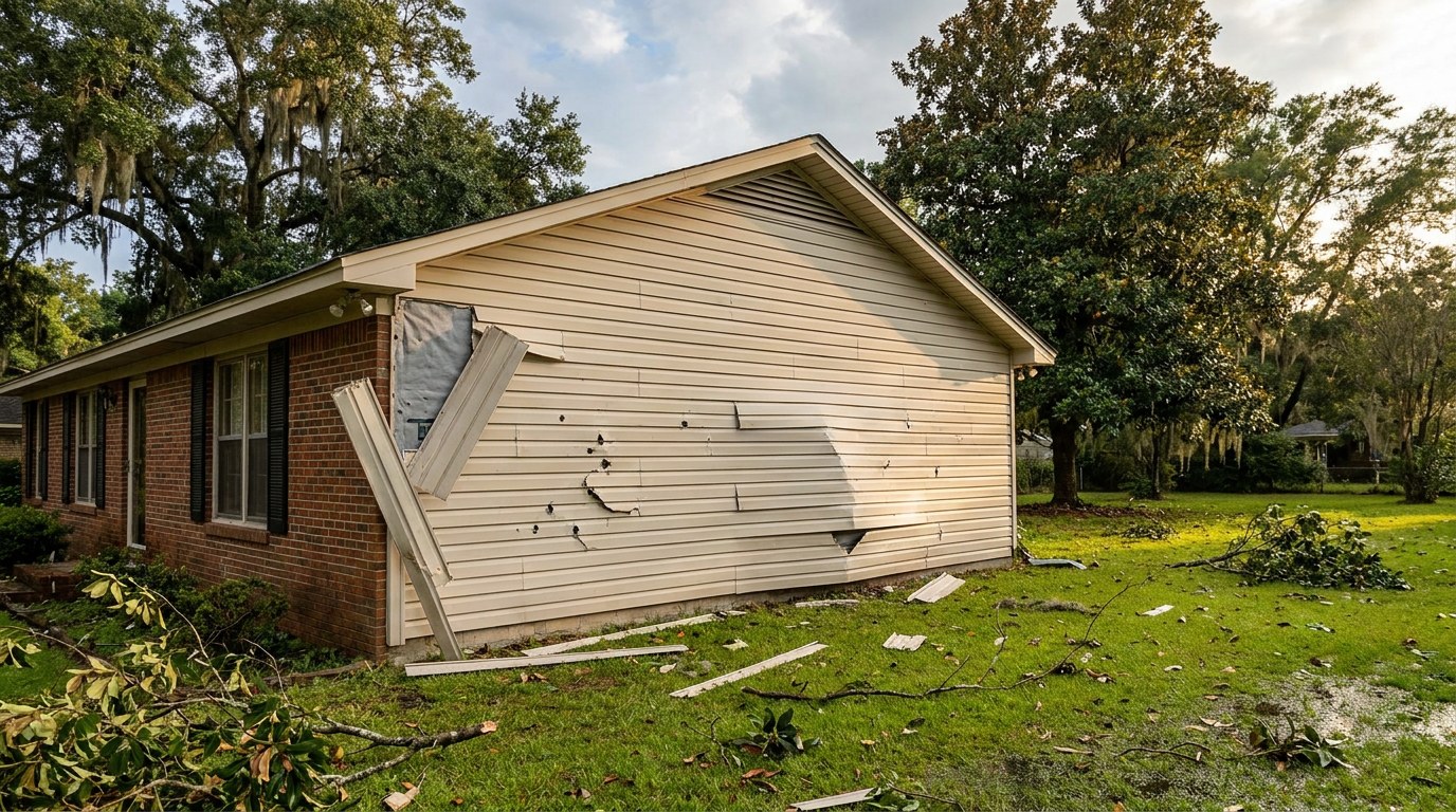 Storm damaged vinyl siding on a residential home in Sumter South Carolina Sumter County hail wind impact repair